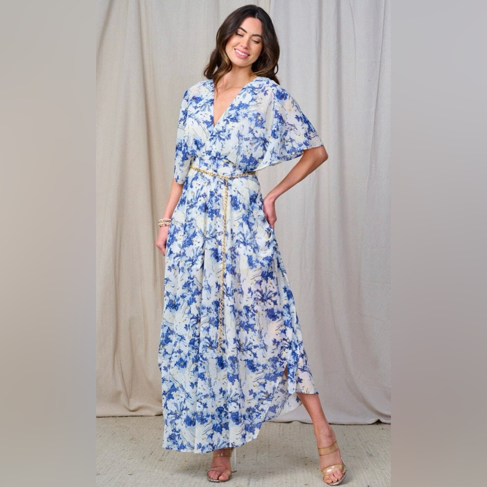 Blue Floral V Neck Maxi Dress Belted Short Sleeve Boutique Sz Large